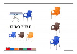 orange blue brown chair with 4 metal support pure plastic white background