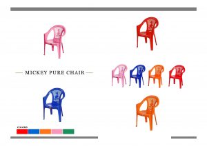 blue pink orange and red chair white background with mickey mice design in back support