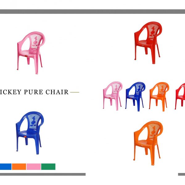 blue pink orange and red chair white background with mickey mice design in back support